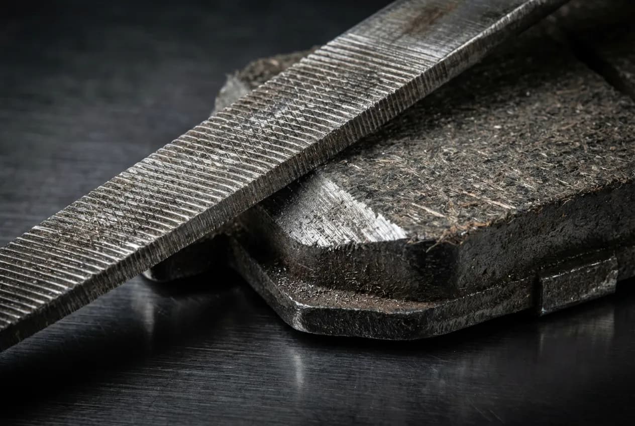 Chanfreiner plaquette de frein : Tuto anti-bruit ultime Gros plan sur l'action de limer le bord d'une plaquette de frein