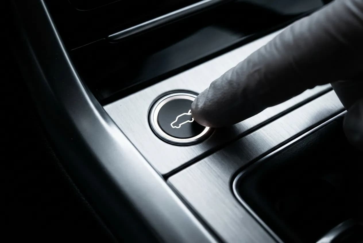 Hayon électrique ne fonctionne plus ? Causes et Solutions Gros plan sur un doigt appuyant sur le bouton d'ouverture du coffre électrique
