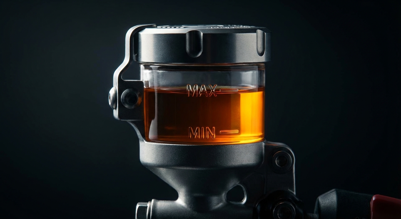 Choisir et purger son liquide de frein moto en 2026 Miniature minimaliste montrant le liquide de frein ambré à travers le réservoir d'une moto