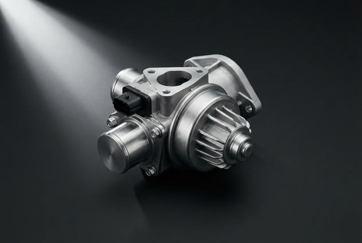 Vanne EGR sur 206 1.4 HDI : Symptômes, Nettoyage et Prix Photographie de studio d'une vanne EGR automobile isolée sur fond sombre, avec un éclairage à fort contraste.